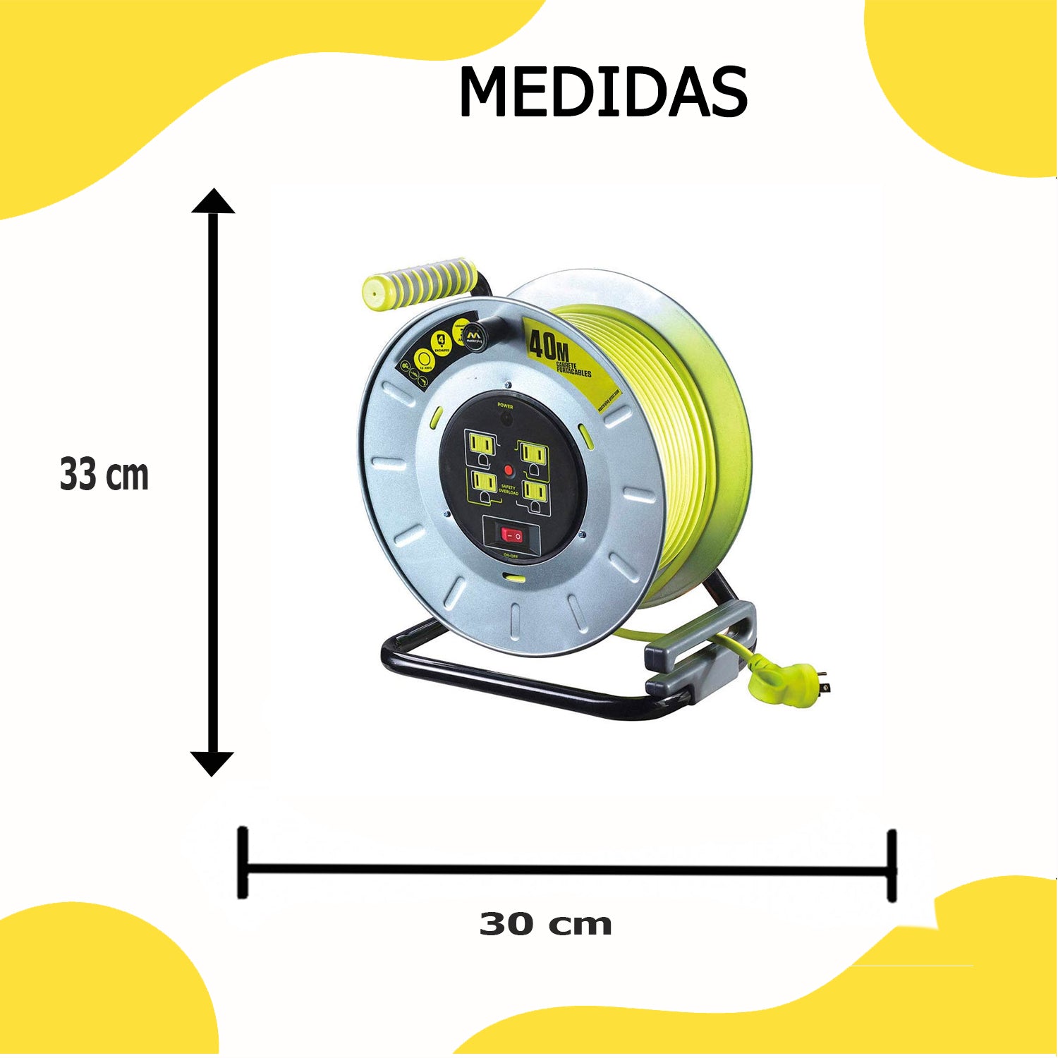 Extensión Eléctrica Tipo Cassette 40m Reel con 4 Multicontactos Calibre 14 – Luceco