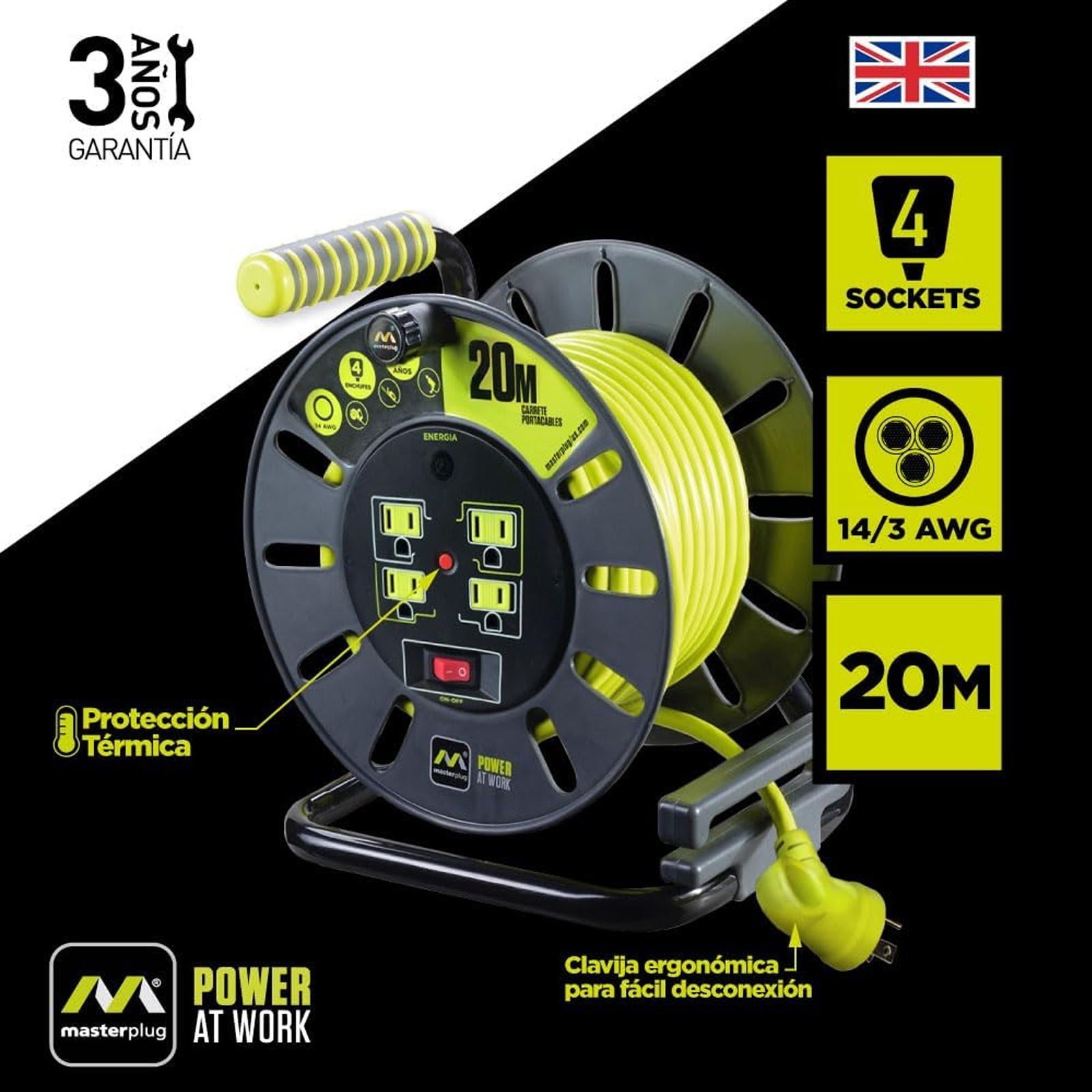 Extensión Eléctrica Tipo Cassette 20m Reel con 4 Multicontactos Calibre 14 – Luceco