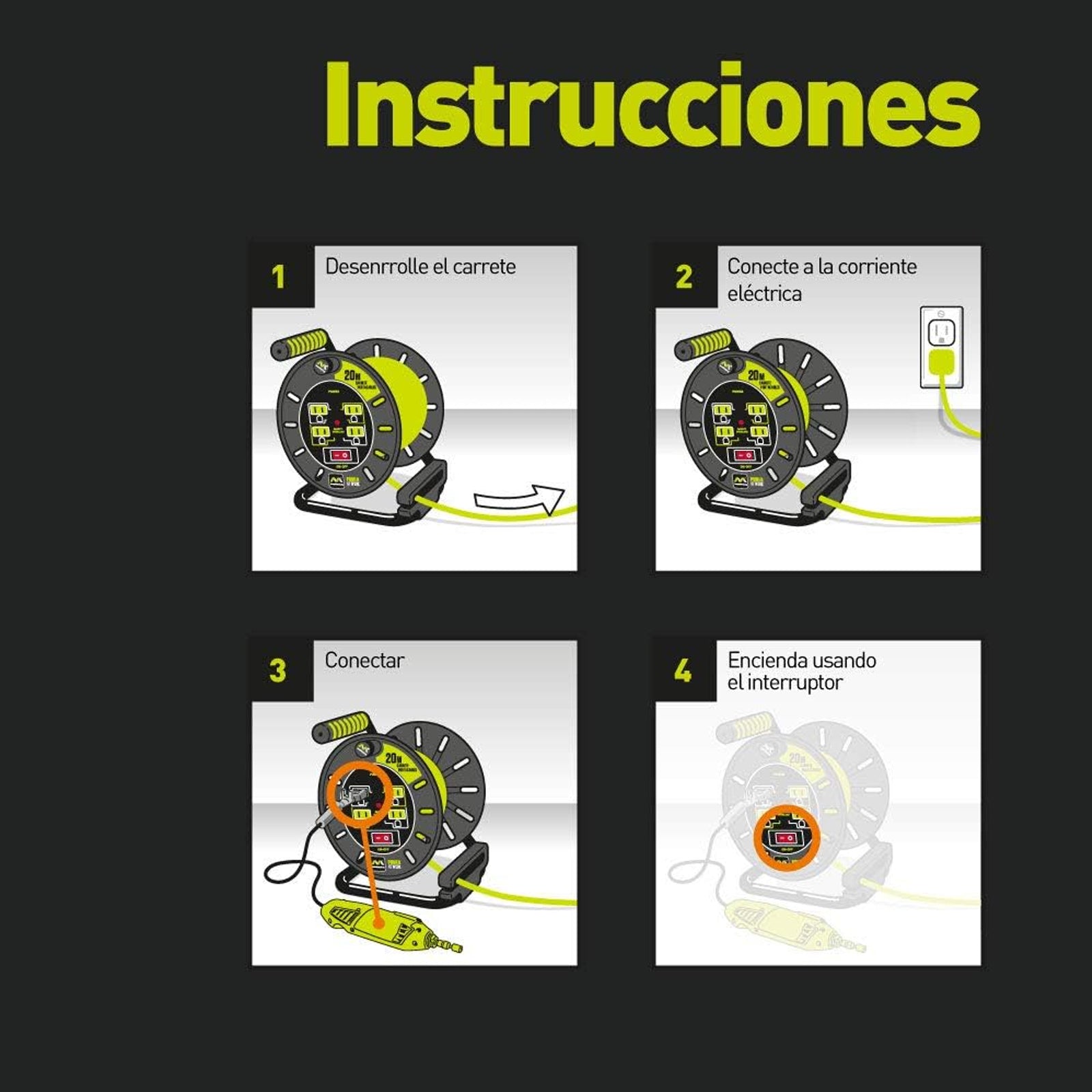 Extensión Eléctrica Tipo Cassette 20m Reel con 4 Multicontactos Calibre 14 – Luceco