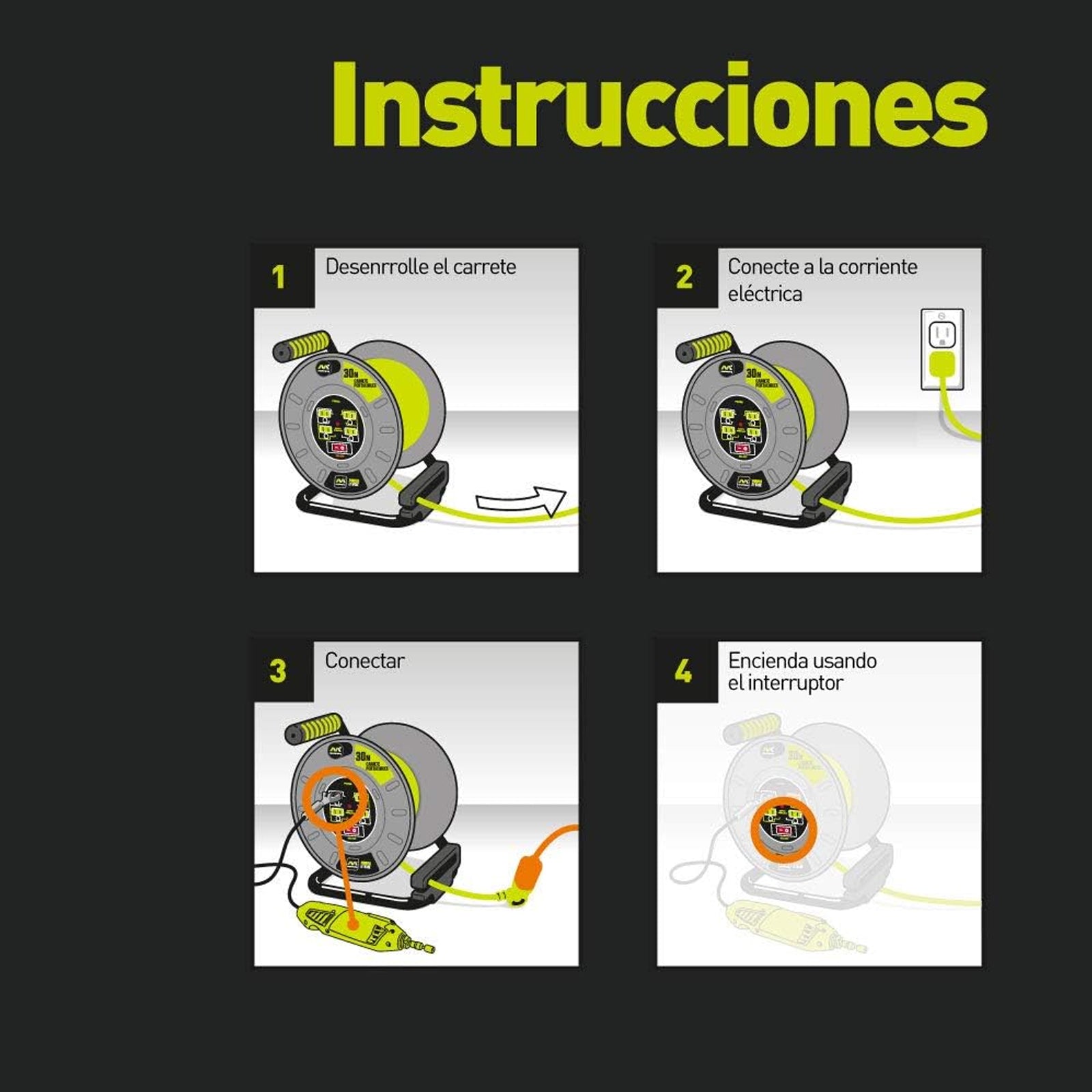 Extensión Eléctrica Tipo Cassette 40m Reel con 4 Multicontactos Calibre 14 – Luceco
