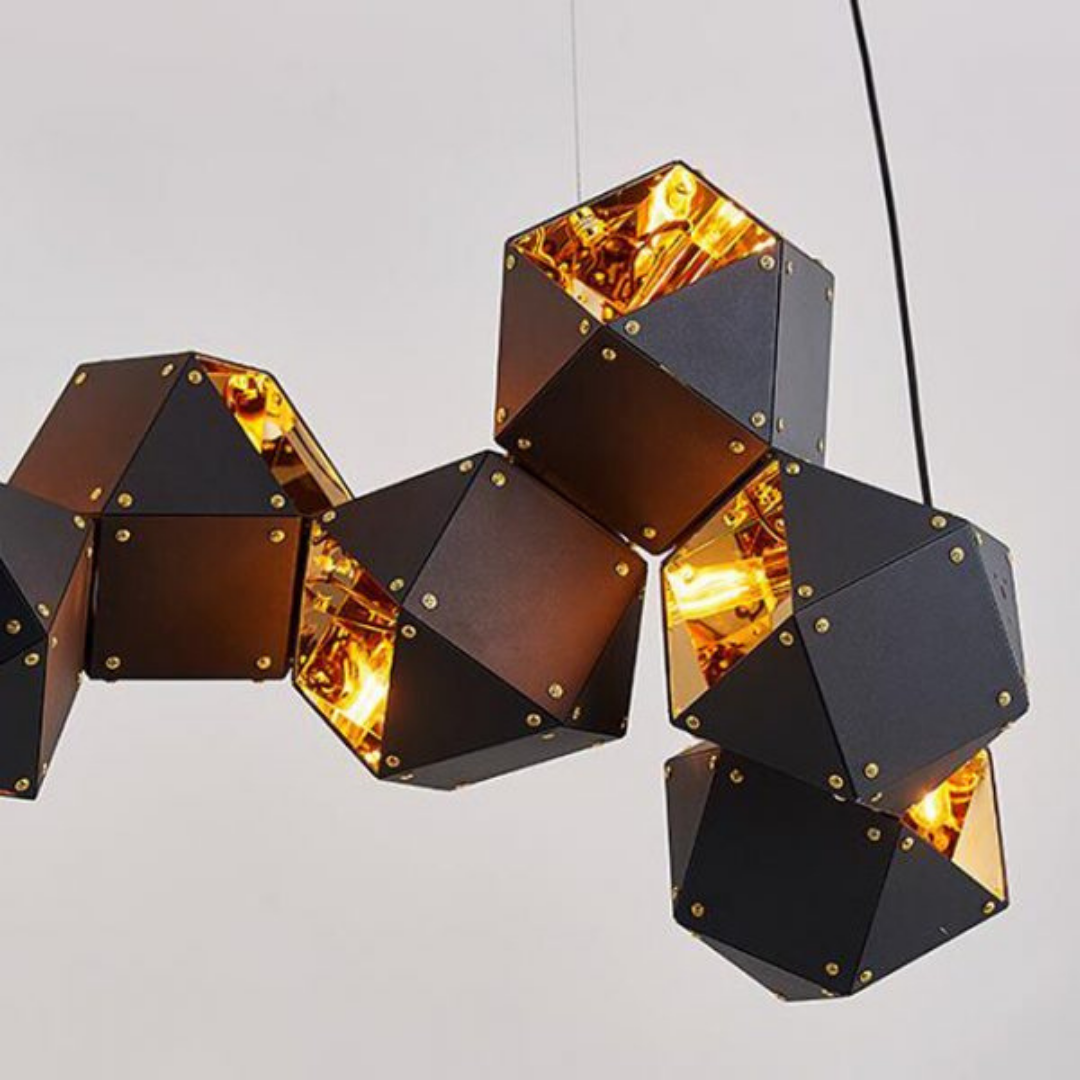 Lámpara Colgante CUBE 10 Luces Base E12 Negro Mate y Oro – QUOR