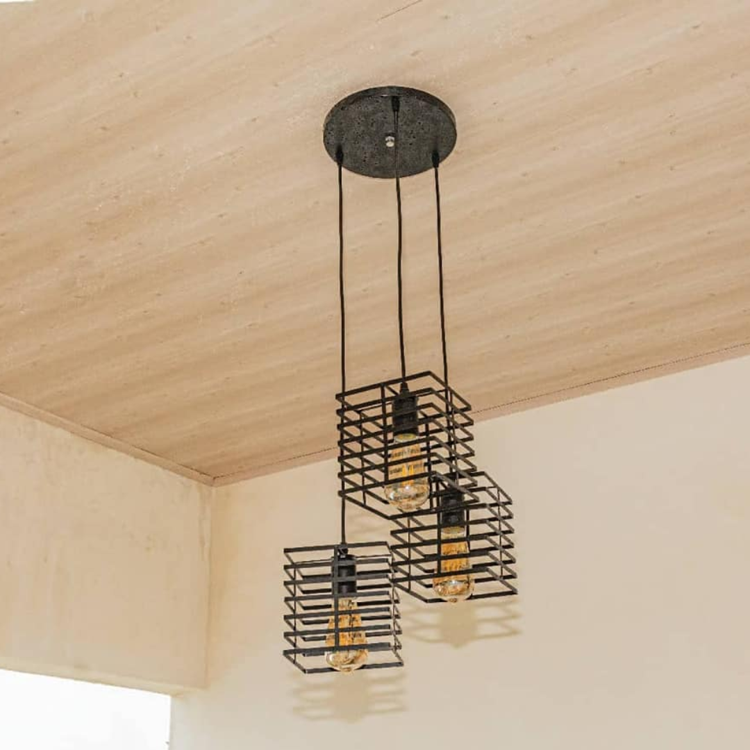 Lámpara Colgante 3 Luces Estilo Industrial Negro de Rejilla Cuadrada de Altura Ajustable - NGR