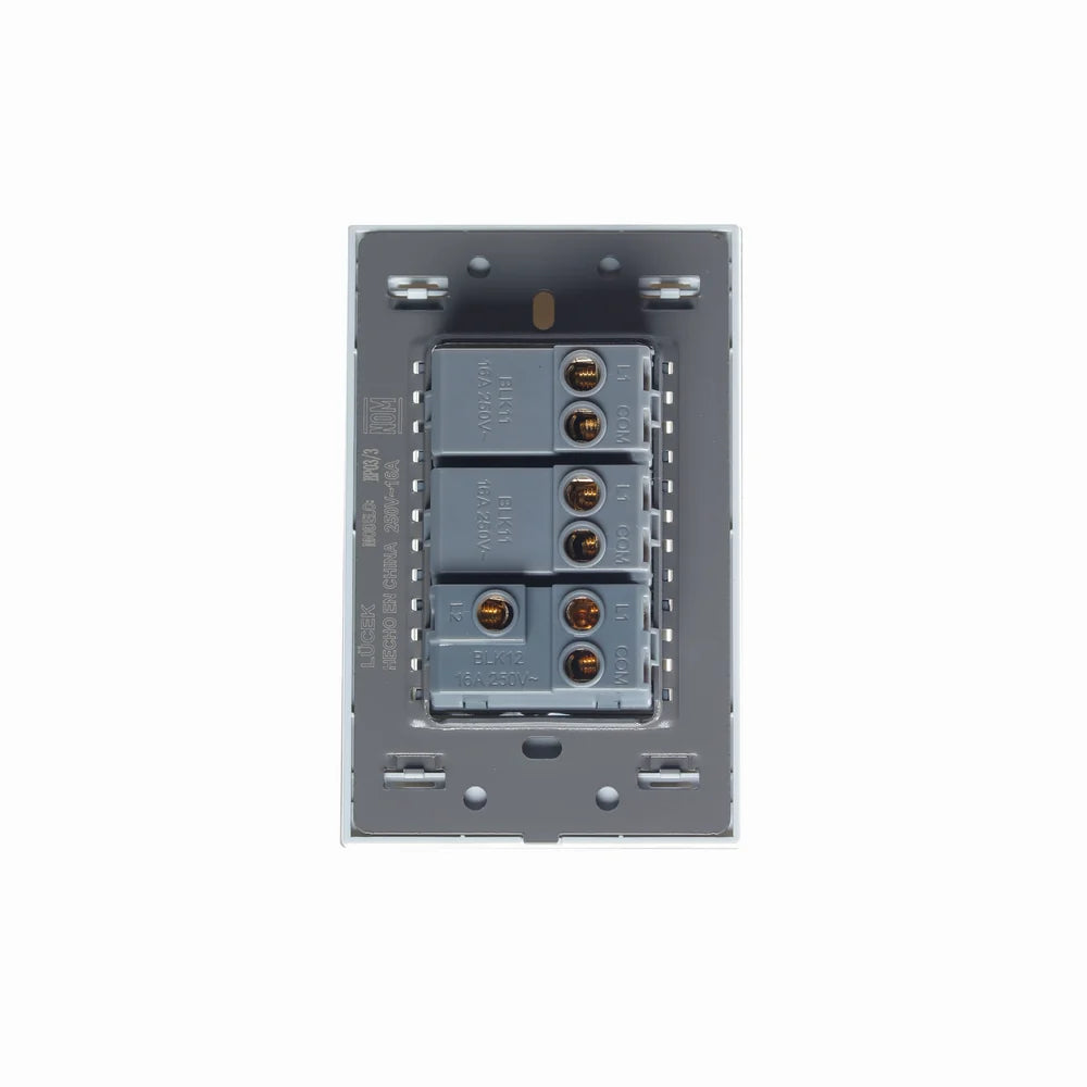 Placa con 2 Interruptores Sencillos y 1 de Escalera de 1 Módulo, Cristal Blanco - LUCEK