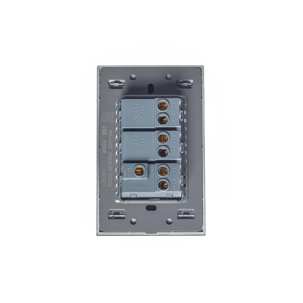 Placa con 2 Interruptores Sencillos y 1 de Escalera de 1 Módulo, Cristal Negro - LUCEK