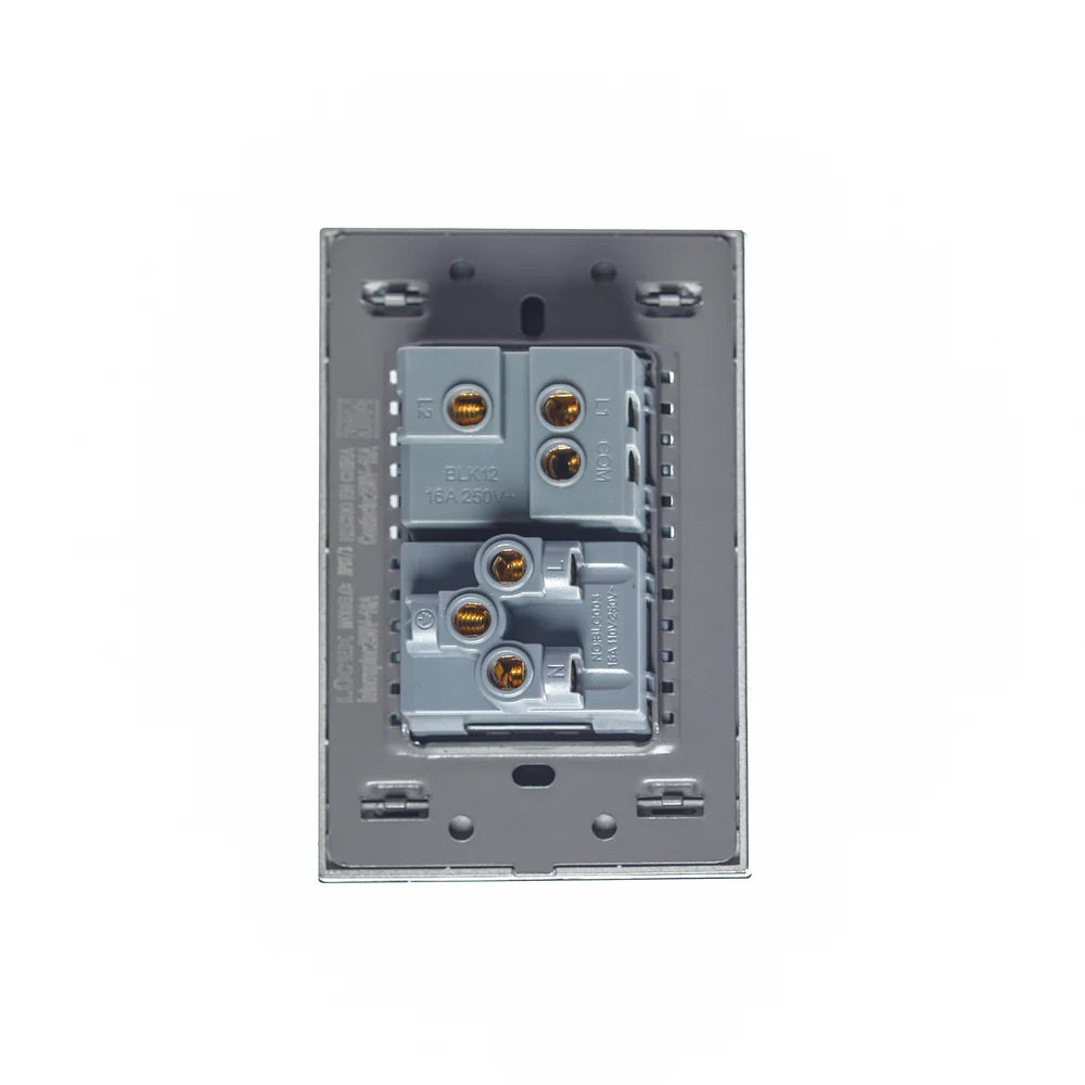 Placa con 1 Interruptor de Escalera y 1 Contacto de 1.5 Módulos, Cristal Negro - LUCEK