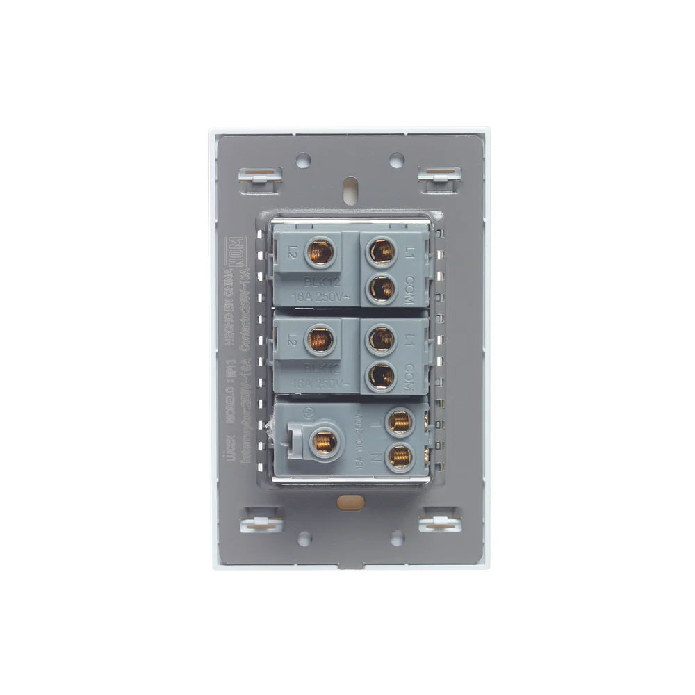 Placa con 2 Interruptores de Escalera y 1 Contacto de 1 Módulo, Cristal Blanco - LUCEK