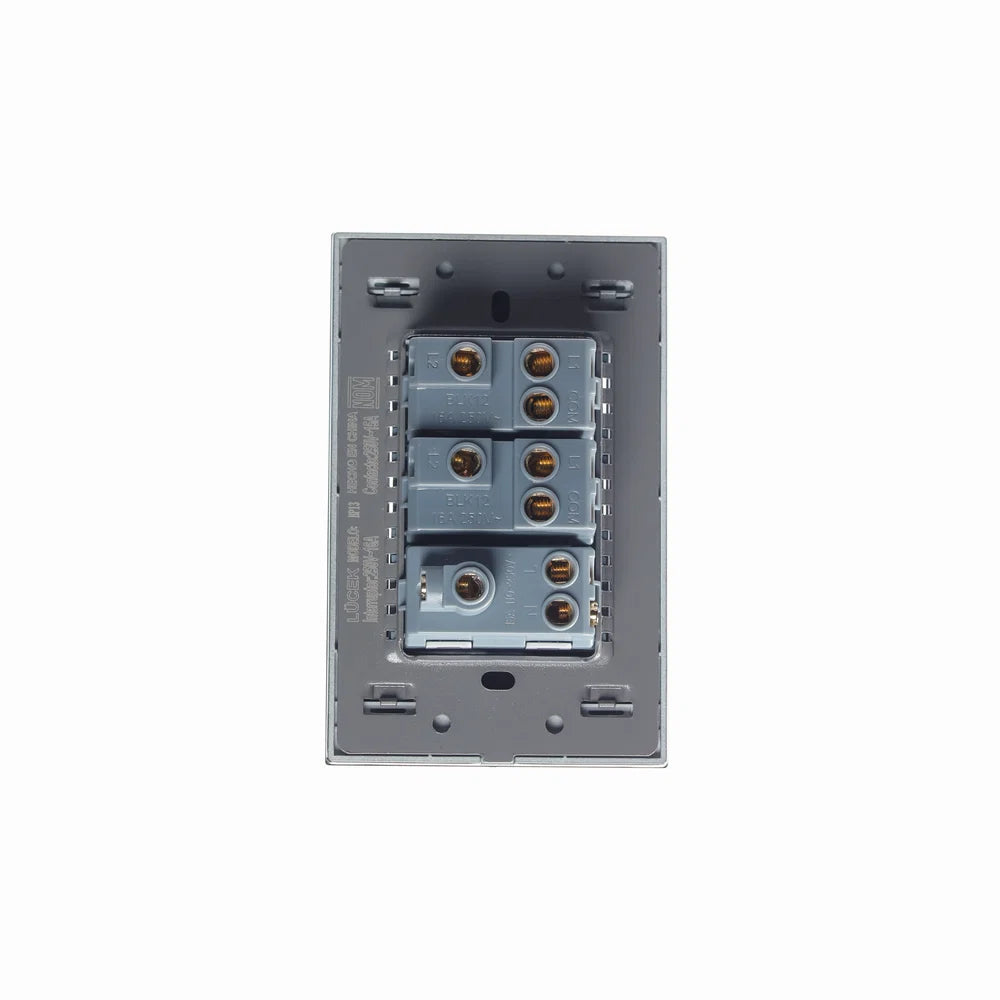 Placa con 2 Interruptores de Escalera y 1 Contacto de 1 Módulo, Cristal Negro - LUCEK