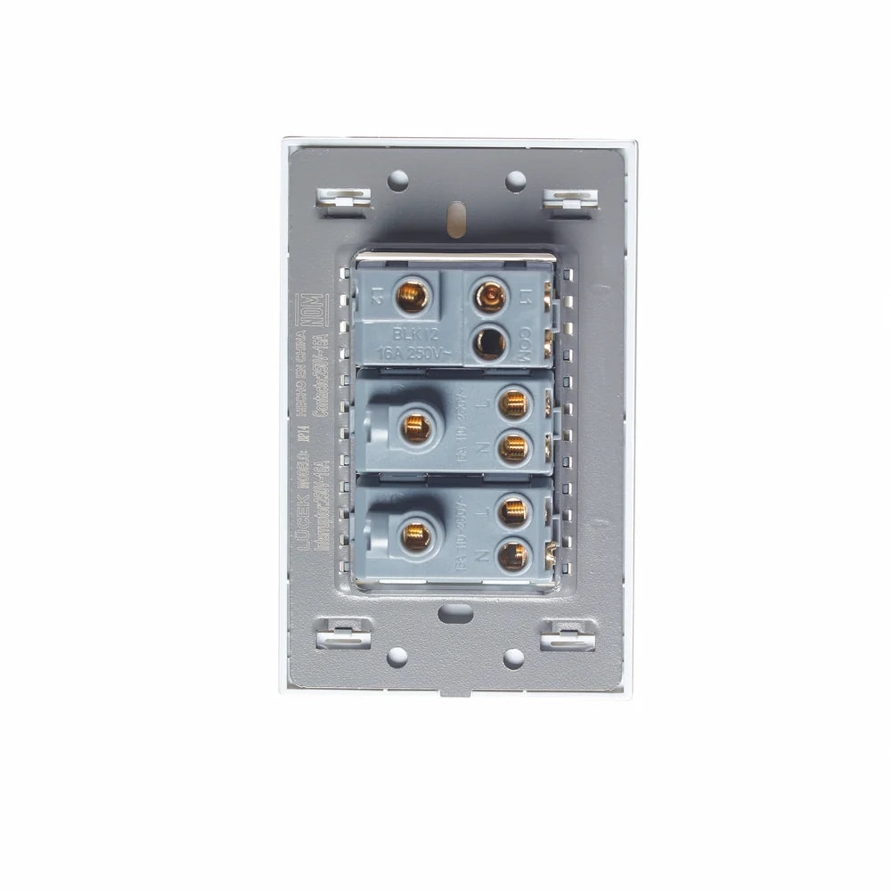 Placa con 1 Interruptor de Escalera y 2 Contactos de 1 Módulo, Cristal Blanco - LUCEK