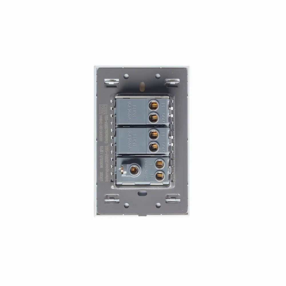 Placa con 2 Interruptores Sencillos y 1 Contacto de 1 Módulo, Cristal Blanco - LUCEK