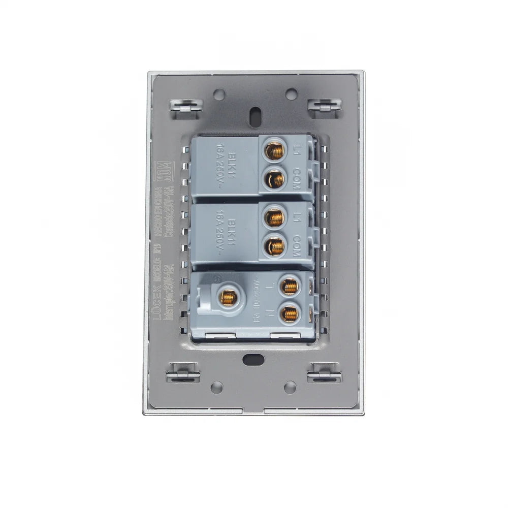 Placa con 2 Interruptores Sencillos y 1 Contacto de 1 Módulo, Cristal Negro - LUCEK