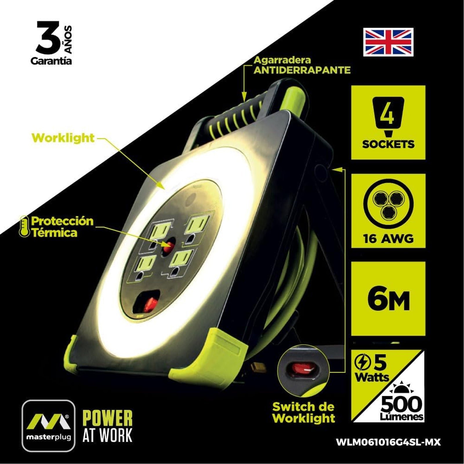 Extensión Eléctrica Tipo Worklight con 4 Multicontactos y Luz LED – Luceco