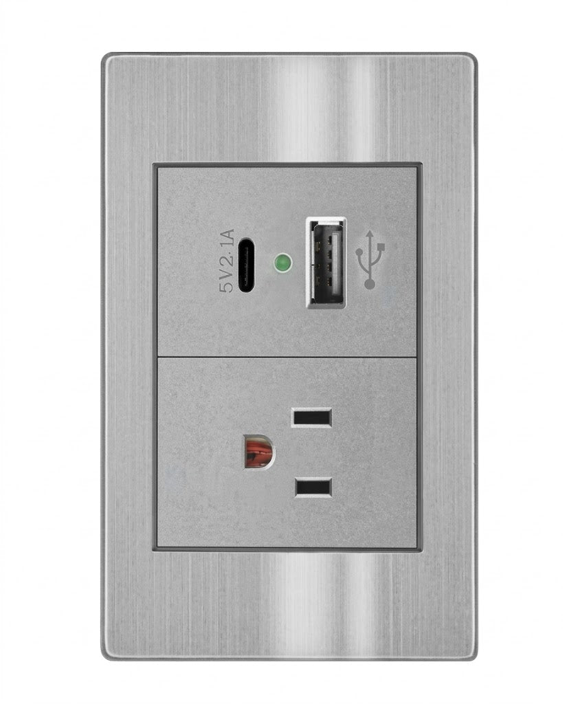 Placa de Pared con Contacto Eléctrico y Puertos USB-A + Tipo C Gris - ARTLITE
