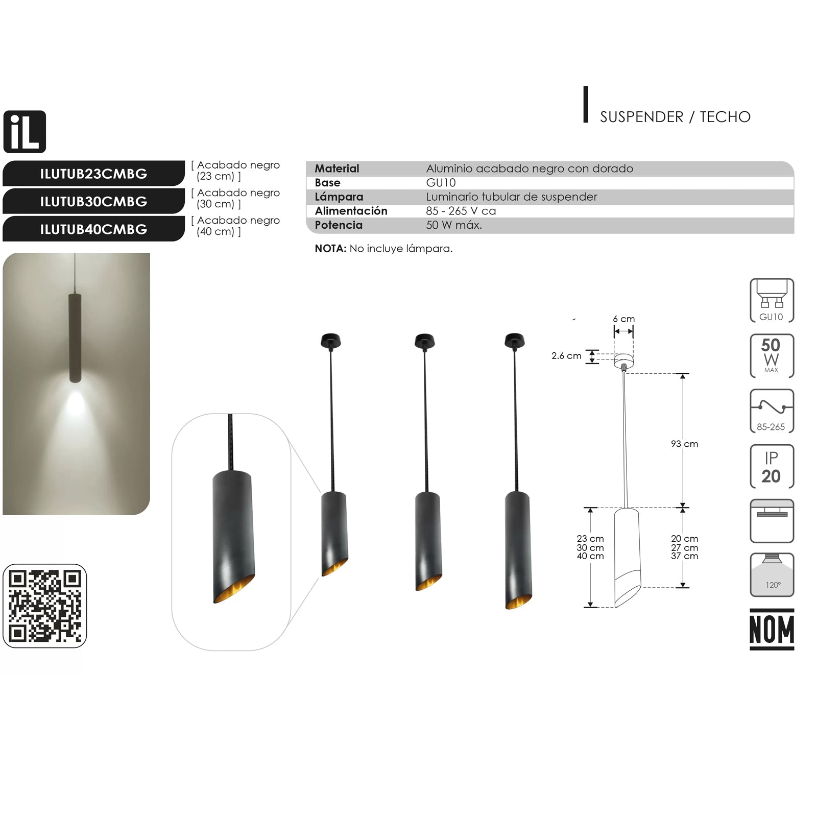 Lámpara Colgante Tubular Negro/Dorado 23cm – Ilumileds