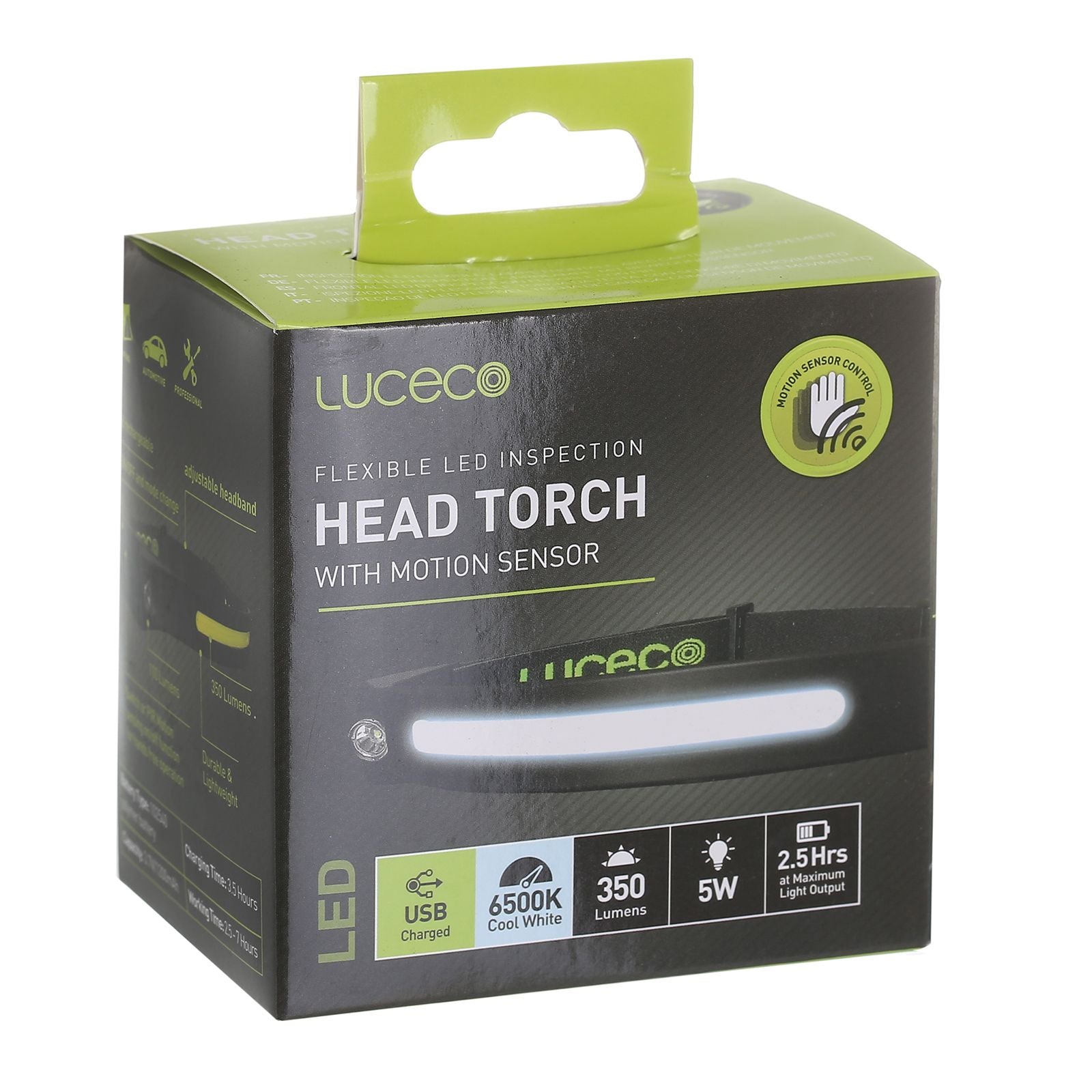 Lámpara de Cabeza USB Recargable Luceco: Flexible, 5W y 350lm con 4 Modos de Luz