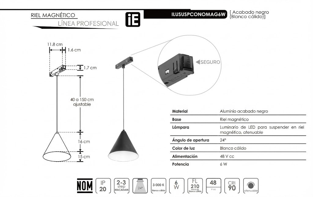 Luminaria LED Colgante para Riel Magnético 6W Elegancia Negro Mate Luz Cálida 48V ILUMILEDS