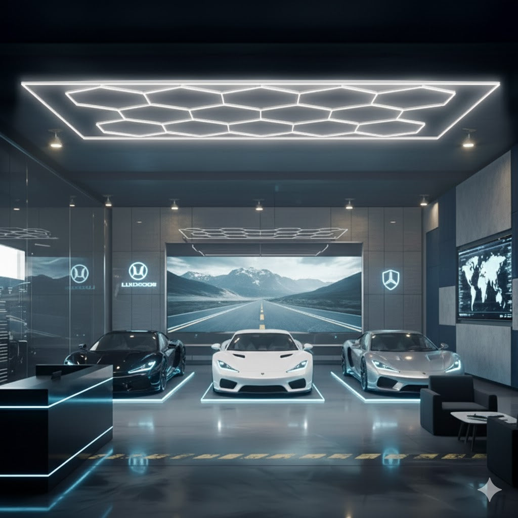 Kit de Iluminación Hexagonal Profesional Panel LED de Alto Rendimiento para Garajes, Talleres y Estudios.