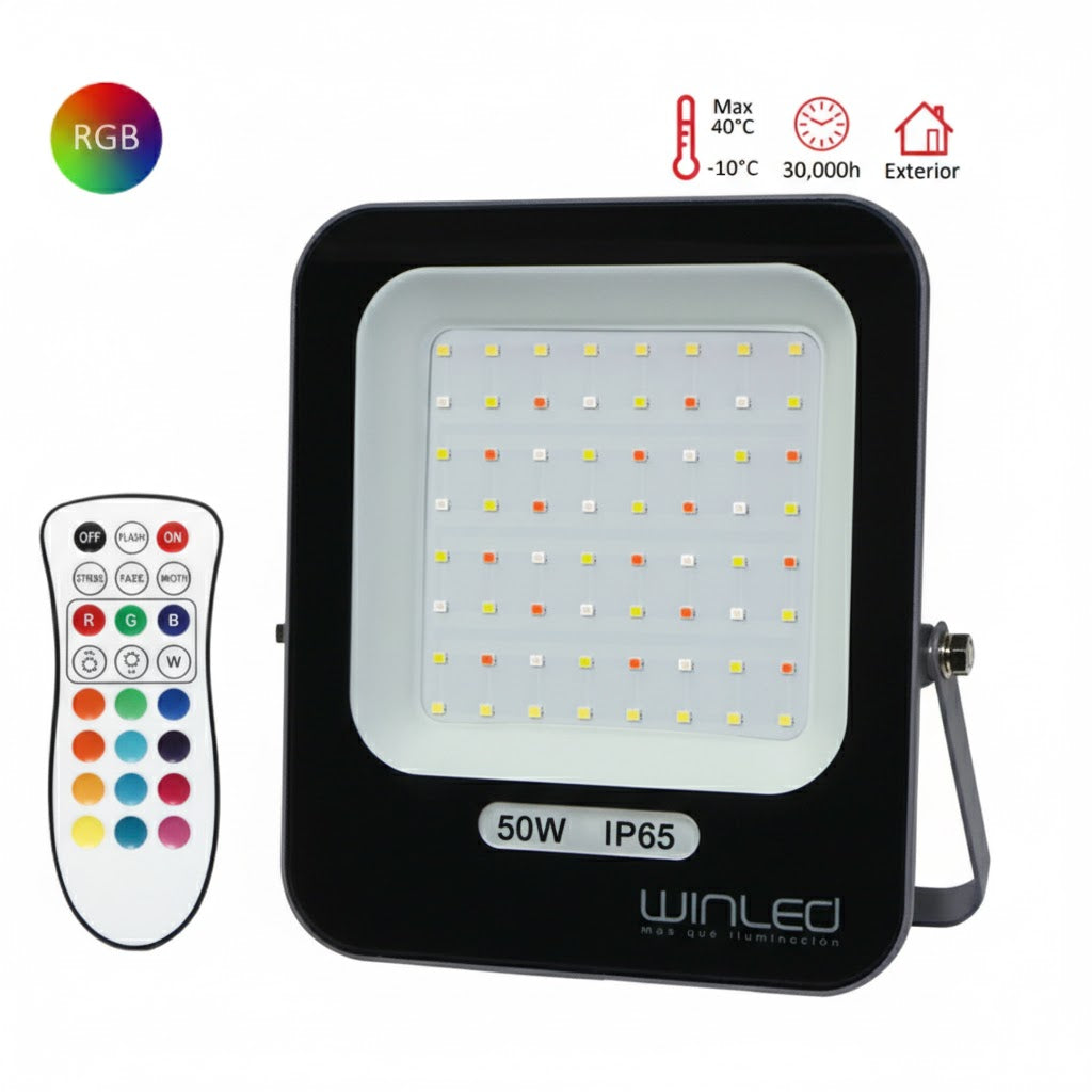 Reflector LED RGB 50W Multicolor IP65 Exterior con Control Remoto 3000 Lúmenes - WINLED