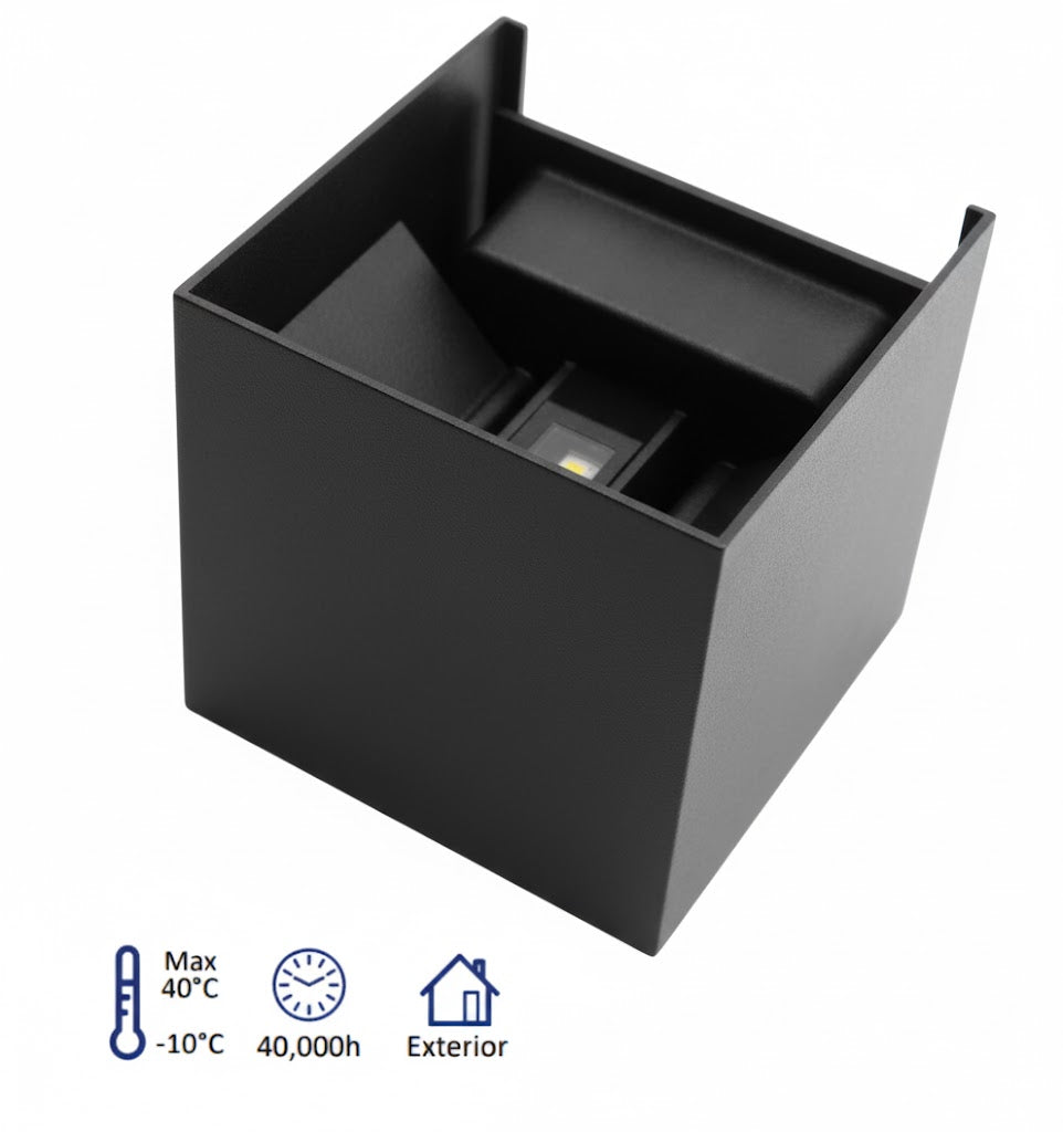 Luminaria LED de Pared Cubo Negro Exterior 6W Blanco Frío IP65 Ajustable - ARTLITE