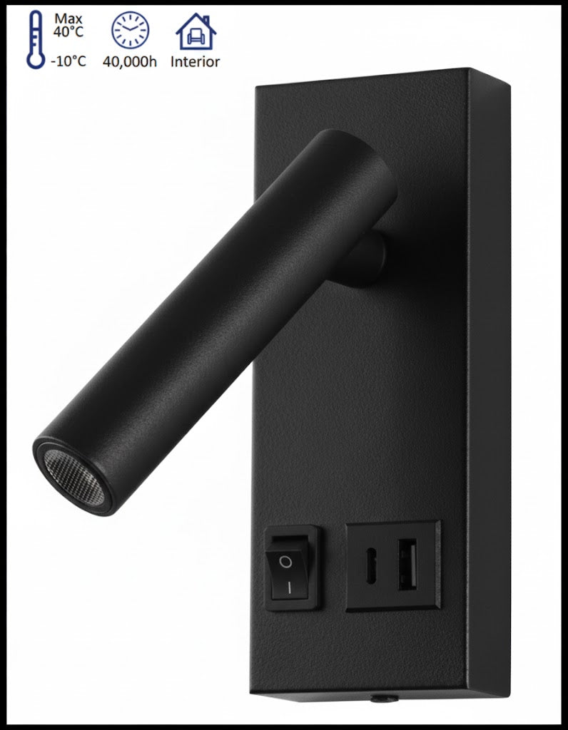 Luminaria LED de Pared con Puertos USB Luz Blanca 6500k 2W Interior - ARTLITE