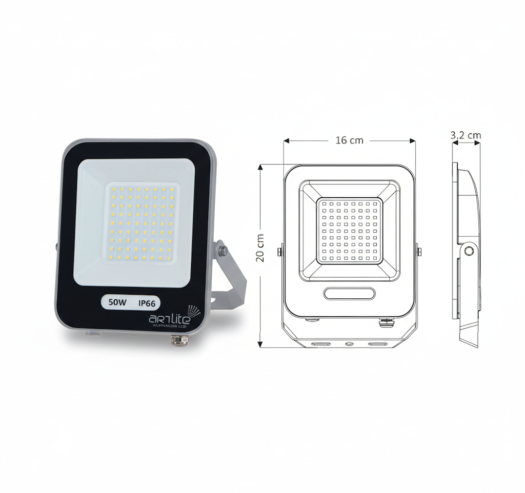 Reflector LED SMD Cuadrado Slim 50W 6000K 5500Lm IP66 Exterior Blanco Frío - ARTLITE
