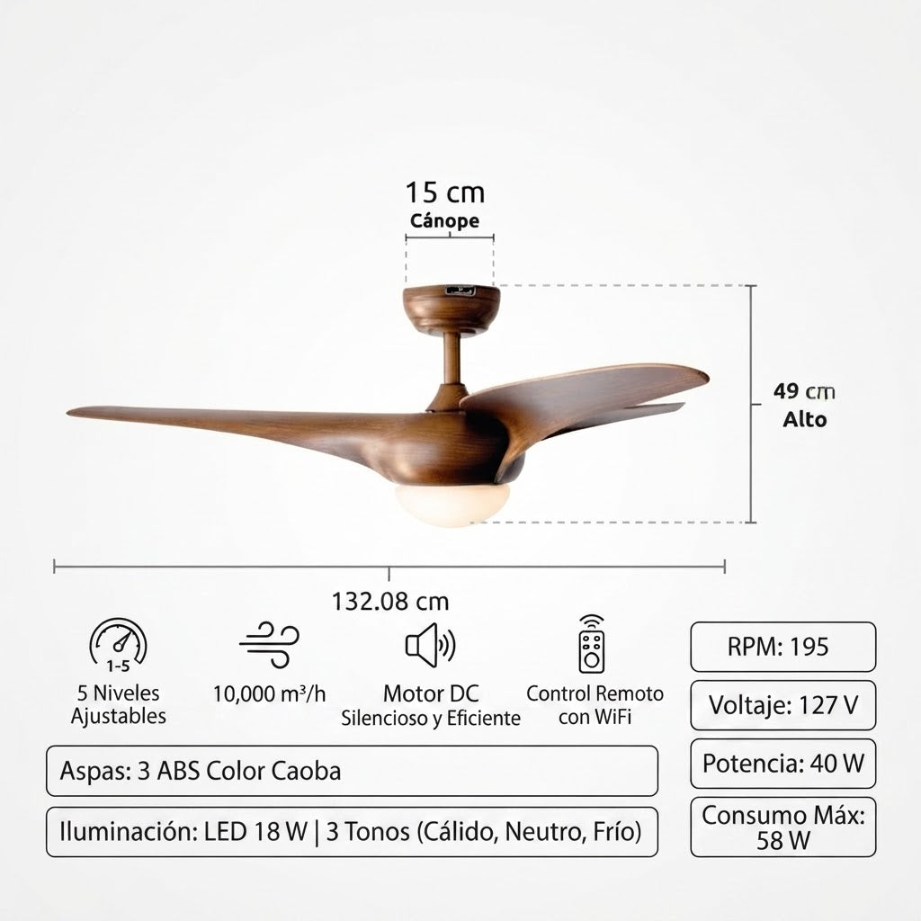 Ventilador de Techo Decorativo Danza 52" Caoba, 3 Aspas, Luz LED - MASTERFAN